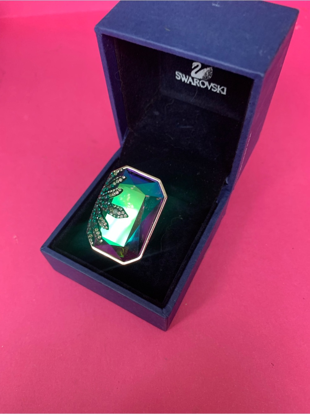 Swarovski Iridescent Green Aurora Octagon Crystal Ring with Pavé Leaf Size 52